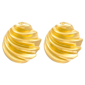 Detail of 18K gold plated croissant earrings with a retro spiral textured design