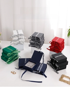 Flip jewelry gift box set with silk ribbons and sponge inserts in six elegant colors