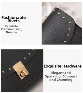 Detail view of black lychee leather bag with gold rivets and metallic rotating lock
