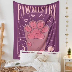 Bohemian purple Pawmistry cat tapestry with zodiac symbols for room wall decor