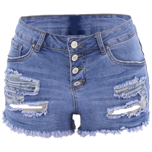 Short en jean bleu clair taille haute pour femmes avec quatre boutons et ourlet effiloché