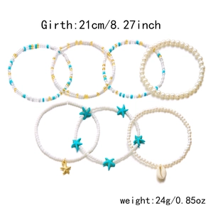 Detailed size view of bohemian 7-piece ocean anklet set with beads and starfish