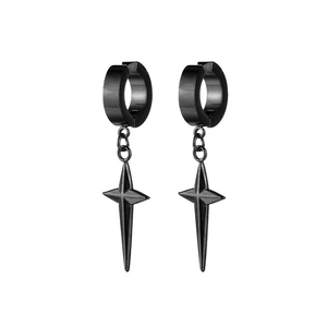 Matte black stainless steel hoop earrings featuring a stylish elongated cross pendant