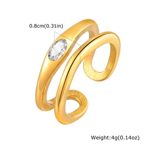 Detail view of double-layer stainless steel ring with zircon gemstone and size specs