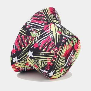 Hawaiian beach sun hat with vibrant neon 3D graffiti print on black canvas fabric