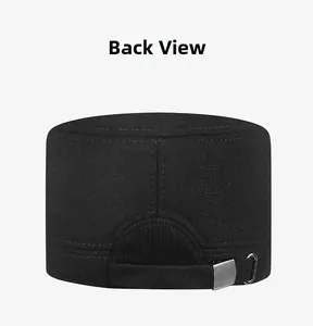 Rear view of winter flat top cap showing adjustable metal strap and neat stitching