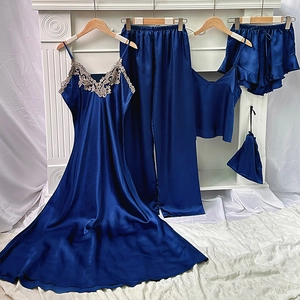Pyjama En Satin Pour Femmes Caraco En Dentelle Robe Longue Pantalon Et Short Tenue De Détente Avec Pochette