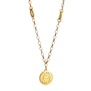 Golden sun flower smiley face round pendant necklace with decorative twisted rope link