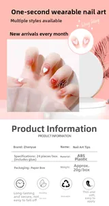 Detail view of 24pcs pink heart gradient press-on nails set with packaging and specs