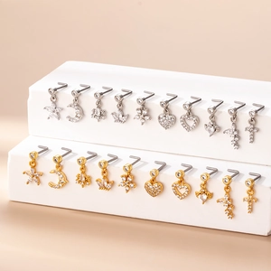 L-shaped surgical steel nose studs with assorted zircon heart and flower charms