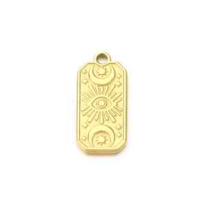 Rectangular gold stainless steel pendant with embossed eye, moon, and star celestial motifs