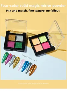 Macro view of 4-color solid chrome nail powder palettes with metallic mirror effect finish