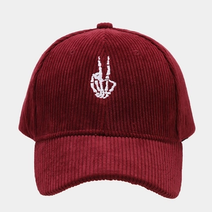 Deep wine red corduroy baseball cap with white skeleton hand embroidery on the front