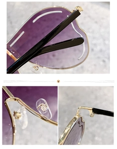 Détails de lunettes cœur avec verres dégradés violets et charnières en métal doré robuste