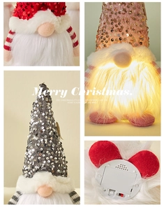 Detail shots of sequined Christmas gnome showing LED lights and battery compartment