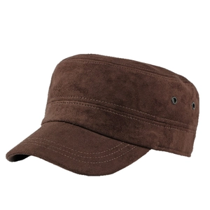 Classic dark brown suede cadet cap with flat top and breathable metal eyelets for autumn