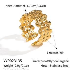 Detail showing width and diameter specs for the golden woven texture stainless steel ring