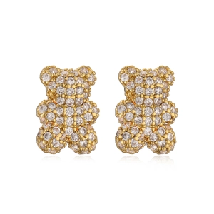 Sparkling gold teddy bear stud earrings set with crystal rhinestones on white background