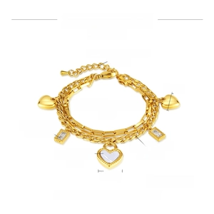 Detailed parameter view of double-layer gold heart bracelet with mother-of-pearl and zircon