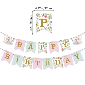 Floral Happy Birthday banner with pink and blue flags, size 12x15cm per individual piece