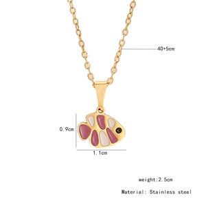 Detailed close-up of pink and white enamel fish pendant on golden stainless steel chain
