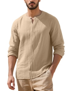 Detail of men's linen shirt showing the vertical pleated design and Henley collar