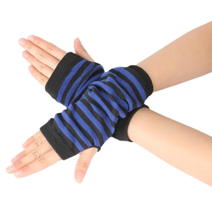 Close-up of black and blue striped knitted fingerless arm sleeves with thumb hole detail