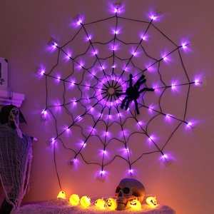 Halloween purple LED spider web light set with skulls and pumpkins for party decor