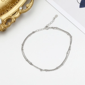 Double-layered S925 sterling silver chain bracelet with delicate round beads for women