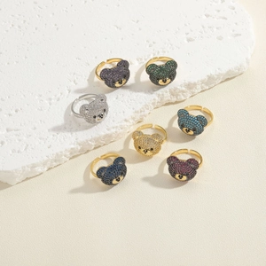 Sparkling pave zircon bear head open rings in seven colorful finishes and gold plating