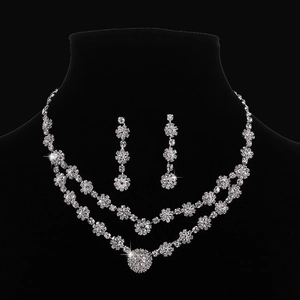 European Fashion Copper Rhinestone Flower Necklace And Earrings Elegant Wedding Party Jewelry Accessories For Women