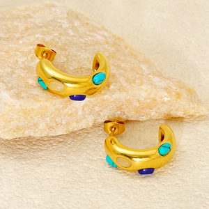 C Shape Earrings 18K Gold Plated Stainless Steel Multi Color Turquoise Stones Inlaid Boho Geometric Jewelry Women