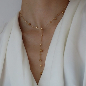 Minimalist 18k gold plated Y-shaped lariat necklace with polished beads for women