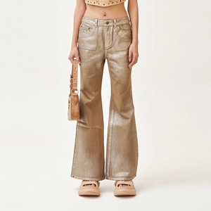 Women Flared Bell Bottom Jeans High Waisted Champagne Gold Metallic Coated Cotton Denim Retro Chic Long Pants