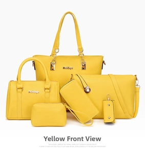 Detailed view of yellow 6-piece handbag set with tote, crossbody bag and wallet