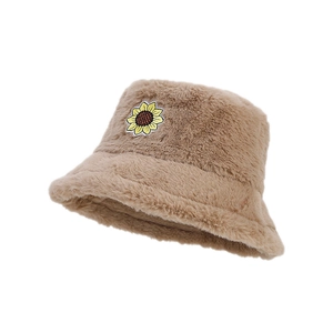 Thick warm plush brown bucket hat with embroidered sunflower patch for winter outdoor wear