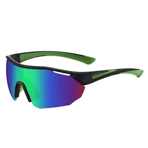 Polarized sports sunglasses with black-green frame and iridescent mirrored lens