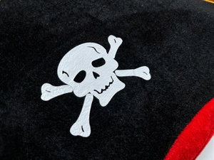Close-up of fabric texture and skull print detail on women's pirate costume outfit