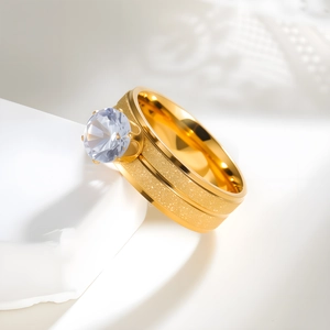 Stainless Steel Zircon Ring Crown Setting Gold Plated Frosted Band Fashion Jewelry For Women Elegant Sparkly
