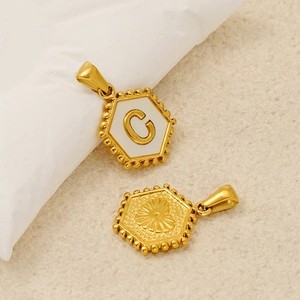 Gold 18K hexagon pendant with white inlay and letter C engraving on stainless steel