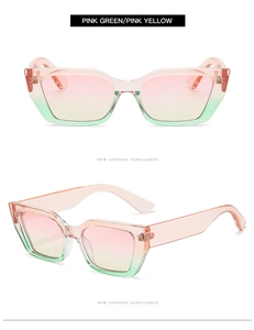 Detailansicht der Katzenaugen-Sonnenbrille mit rosa-grünem Farbverlauf und breiten Bügeln