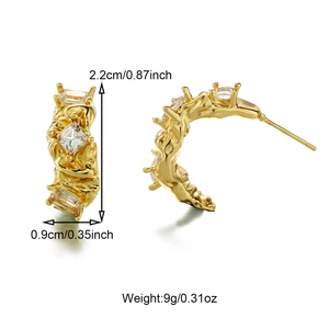 Lava texture gold earrings with square zircon gems, dimensions 2.2cm by 0.9cm