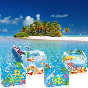 Four tropical beach gift boxes with summer island illustrations and handle detail