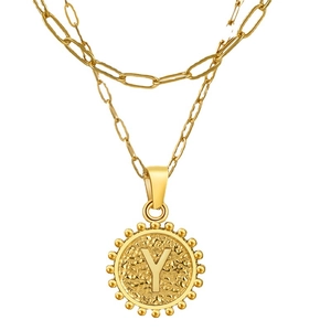 Layered 18K gold stainless steel paperclip necklace with round letter Y pendant
