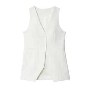 Ensemble gilet blanc col V et pantalon plissé pour femme en vue à plat épurée