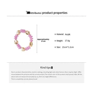 Detailed view of pink acrylic and gold beads bracelet with weight and size specifications