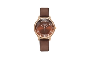 Detailed view of women quartz watch with diamond accents and faceted glass lens