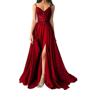 Elegant deep red sequin evening gown with sexy high slit and V-neck straps
