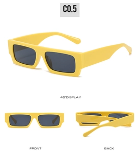 Detailed views of yellow square frame sunglasses showing front, back, and 45 degree angles