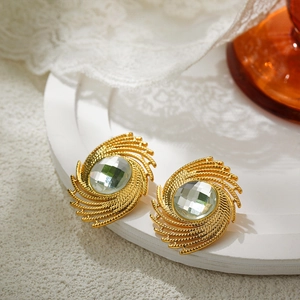Vintage 18K gold plated stainless steel stud earrings with radiant starburst and crystal